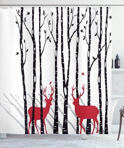 Deer Tree Forest Shower Curtain, Red Holiday Theme Cloth Bathroom Decor in White Red