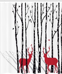 Deer Tree Forest Shower Curtain, Red Holiday Theme Cloth Bathroom Decor in White Red
