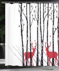 Deer Tree Forest Shower Curtain, Red Holiday Theme Cloth Bathroom Decor in White Red