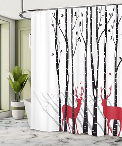 Deer Tree Forest Shower Curtain, Red Holiday Theme Cloth Bathroom Decor in White Red