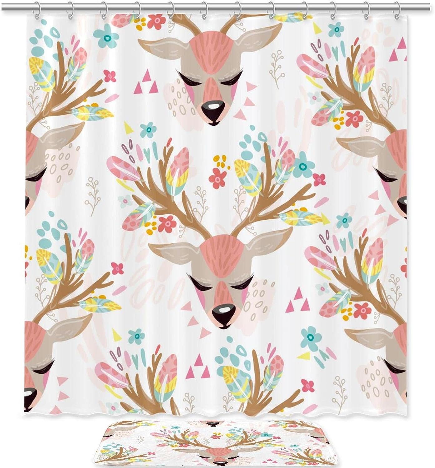 Deer Watercolor Floral Waterproof Shower Curtain for Nature Bathroom Decor