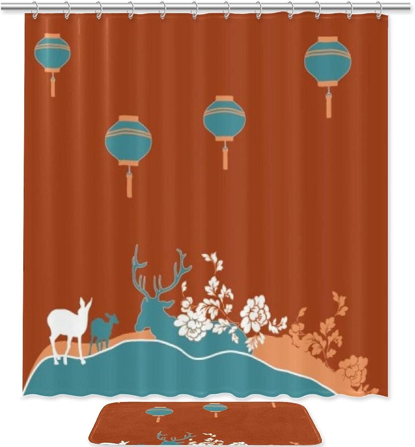 Deer and Flowers Waterproof Shower Curtain for Nature Bathroom Decor
