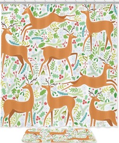 Deer and Plant Waterproof Shower Curtain for Rustic Bathroom Decor