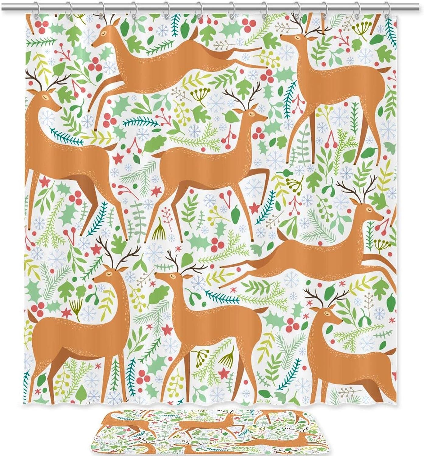 Deer and Plant Waterproof Shower Curtain for Rustic Bathroom Decor