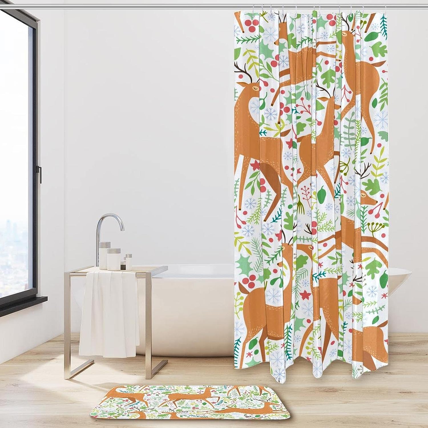 Deer and Plant Waterproof Shower Curtain for Rustic Bathroom Decor