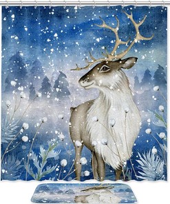 Deer in Snow Waterproof Shower Curtain for Winter Bathroom Decor