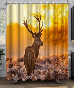 Deer in Sunset Landscape Wildlife Art Print Animal Shower Curtain for Bathroom Decor