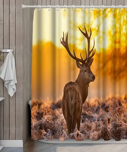 Deer in Sunset Landscape Wildlife Art Print Animal Shower Curtain for Bathroom Decor