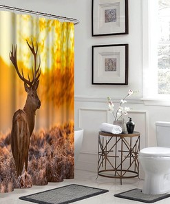 Deer in Sunset Landscape Wildlife Art Print Animal Shower Curtain for Bathroom Decor