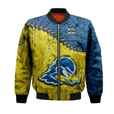 Delaware Blue Hens Bomber Jacket Grunge Polynesian Tattoo- NCAA