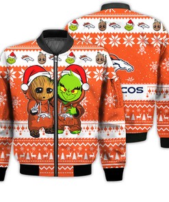 Denver Broncos Baby Groot And Grinch Best Friends Football American Ugly Christmas Sweater Gifts Unisex 3D Bomber Jacket