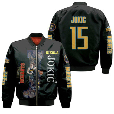 Denver Nuggets Nikola Jokic 15 NBA Player Of The Year NBA Black Gift For Nuggets Fans Bomber Jacket