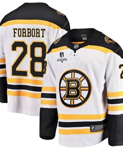 Derek Forbort 28 Boston Bruins Stanley Cup 2023 Playoffs Patch Away Breakaway Men Jersey - White