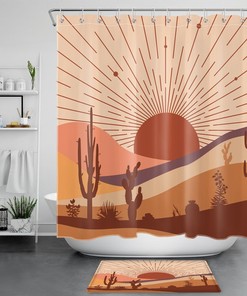 Desert Cactus Tropical Plant Shower Curtain - Abstract Sun Design Bathroom Decor 