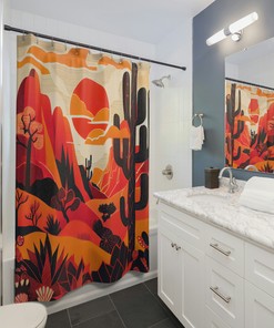 Desert Landscape Boho Shower Curtain - Mountains, Cacti, and Symbols in Sunset Hues 