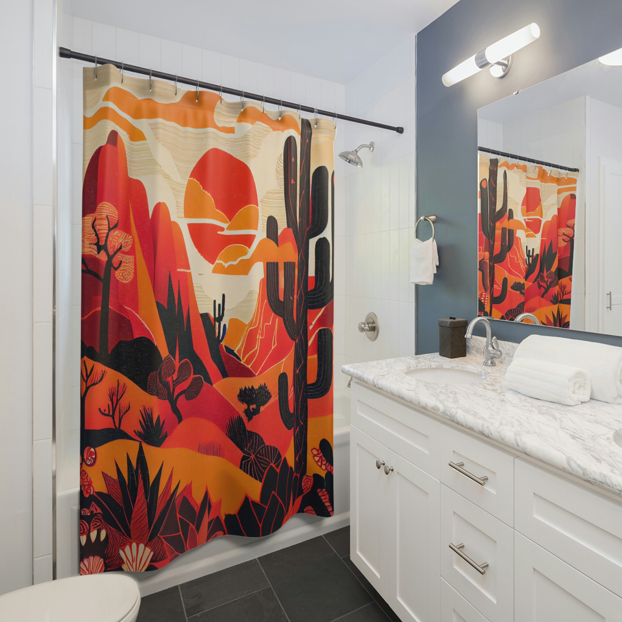 Desert Landscape Boho Shower Curtain - Mountains, Cacti, and Symbols in Sunset Hues