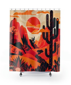 Desert Landscape Boho Shower Curtain - Mountains, Cacti, and Symbols in Sunset Hues