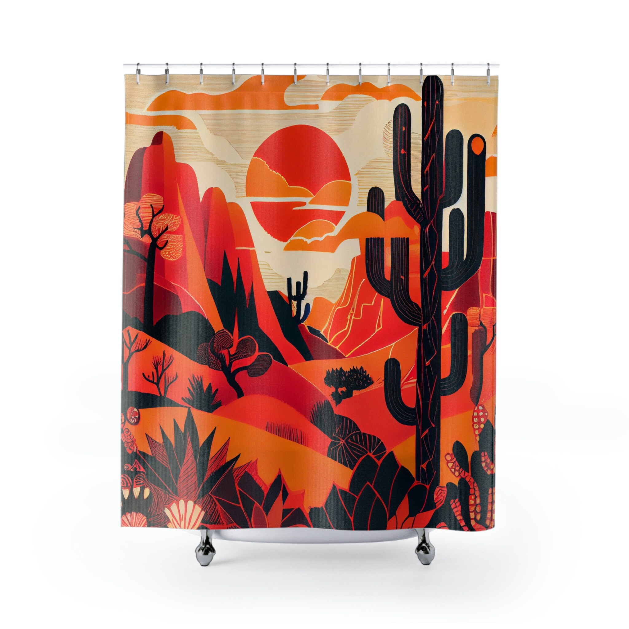 Desert Landscape Boho Shower Curtain - Mountains, Cacti, and Symbols in Sunset Hues