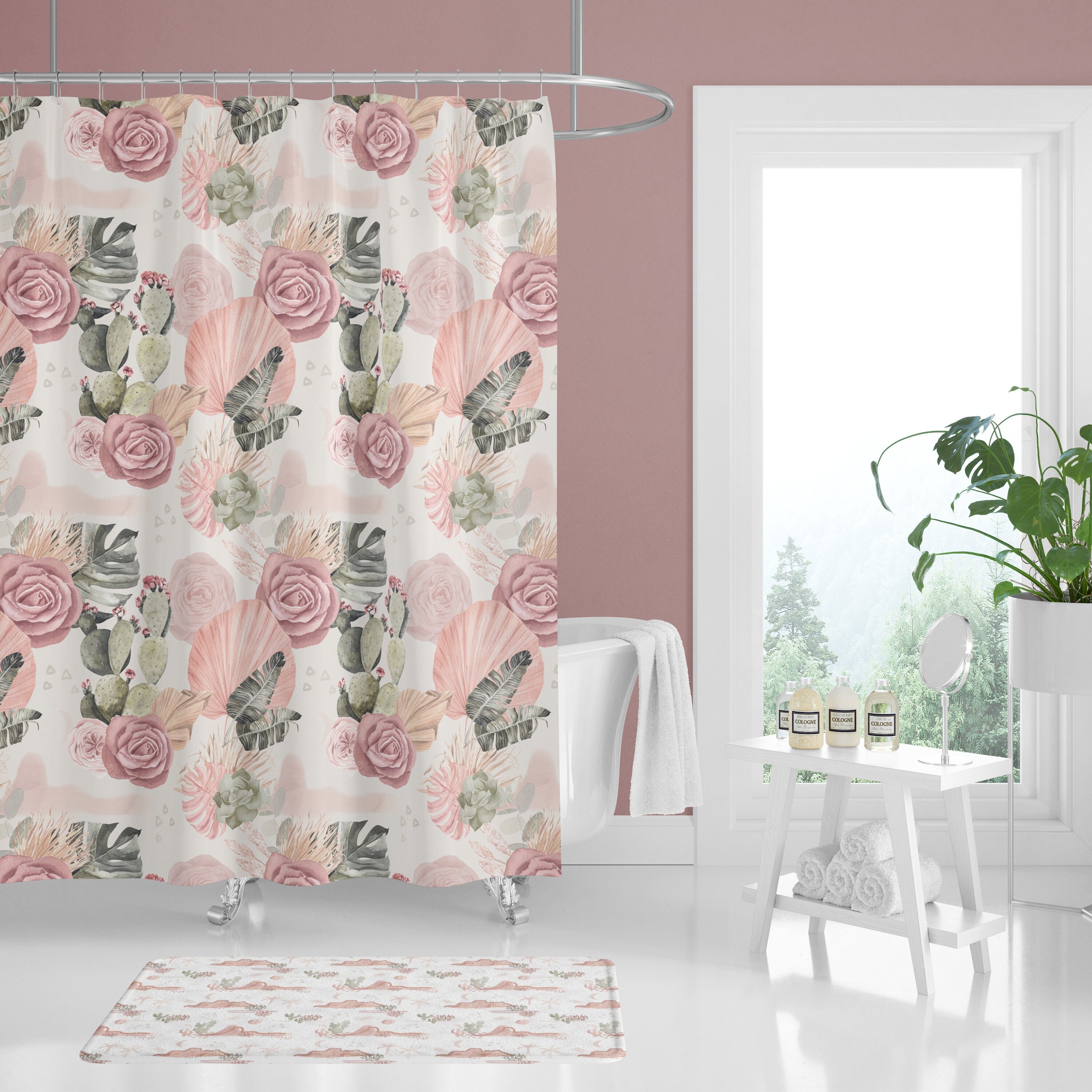 Desert Rose Boho Floral Shower Curtain - Kids Bathroom Decor with Cactus and Florals