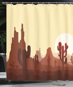 Desertscape Cactus Shower Curtain, Spikes and Red Flowers Mexican Hot Desert Vintage Image Art Print for Bathroom Decor
