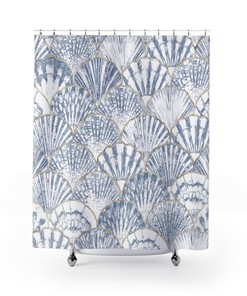 Designer Beachy Blue and White Sea Shell Ocean Shower Curtain