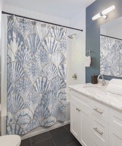 Designer Beachy Blue and White Sea Shell Ocean Shower Curtain