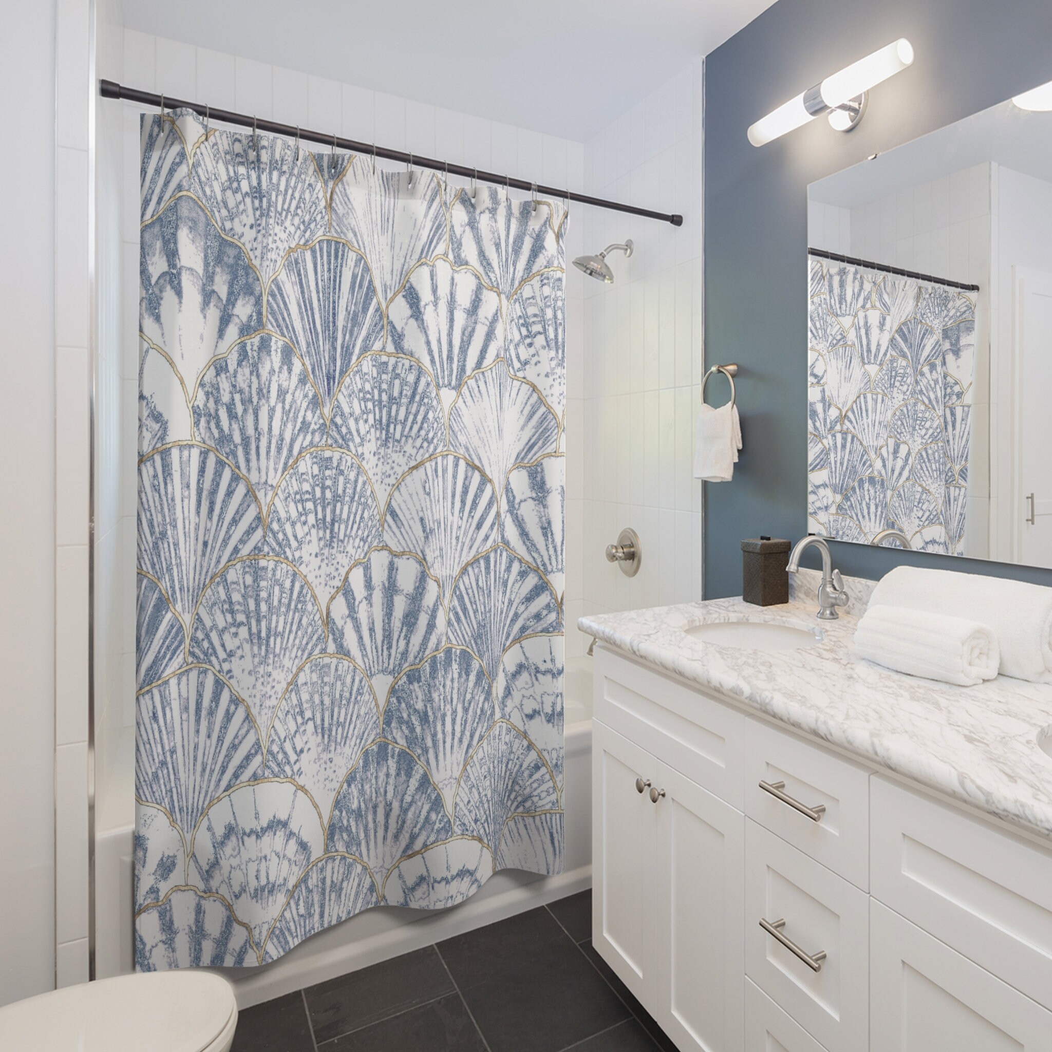 Designer Beachy Blue and White Sea Shell Ocean Shower Curtain