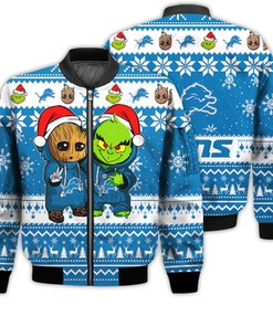 Detroit Lions Baby Groot And Grinch Best Friends Football American Ugly Christmas Sweater Gifts Unisex 3D Bomber Jacket