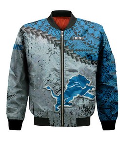 Detroit Lions Bomber Jacket Grunge Polynesian Tattoo - NFL