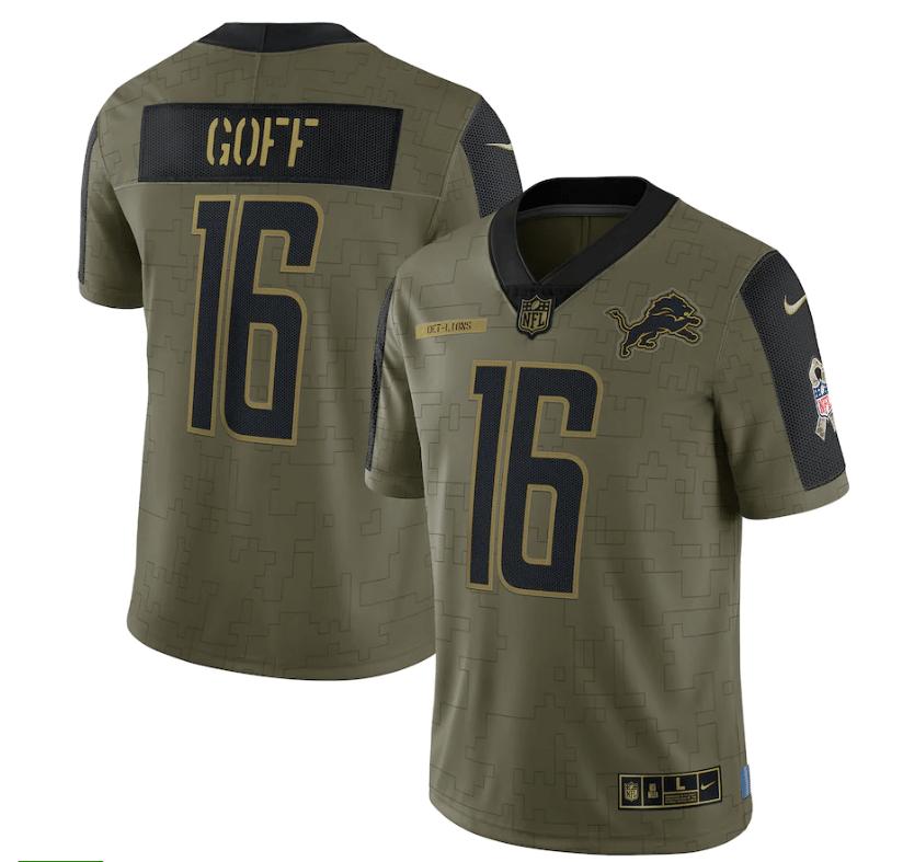 Detroit Lions Jared Goff 16 Nfl Olive 2021 Salute To Service Retired Player Men Jersey For Lions Fans