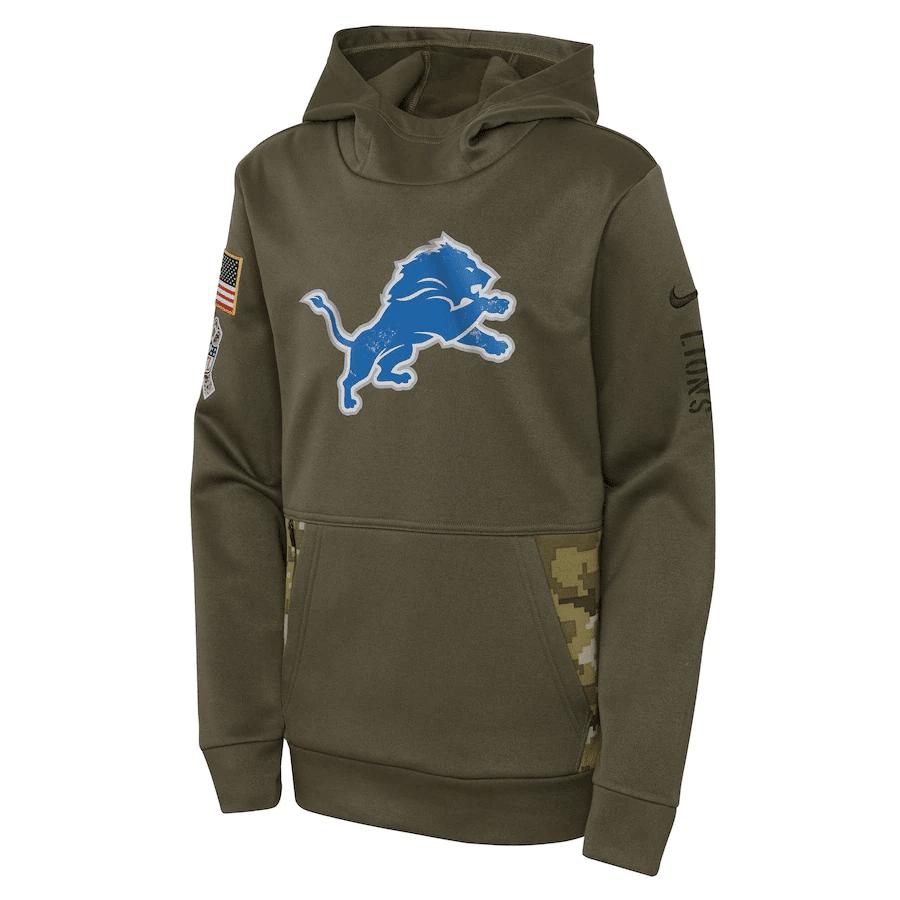 Detroit Lions Youth 2022 Salute To Service Performance Pullover Hoodie - Olive