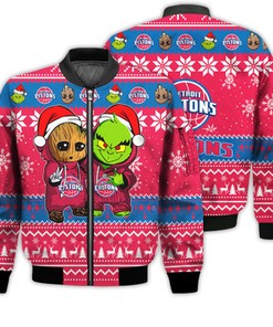 Detroit Pistons Baby Groot And Grinch Best Friends Football American Ugly Christmas Sweater Gifts Unisex 3D Bomber Jacket