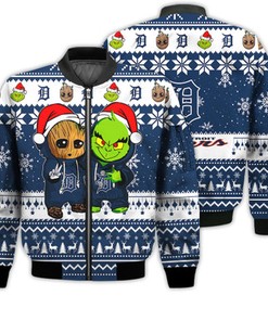 Detroit Tigers Baby Groot And Grinch Best Friends Football American Ugly Christmas Sweater Gifts Unisex 3D Bomber Jacket