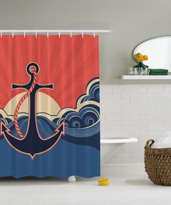 Digital Art Blue Red Ocean Nautical Anchor Beach Fabric Shower Curtain for Bathroom