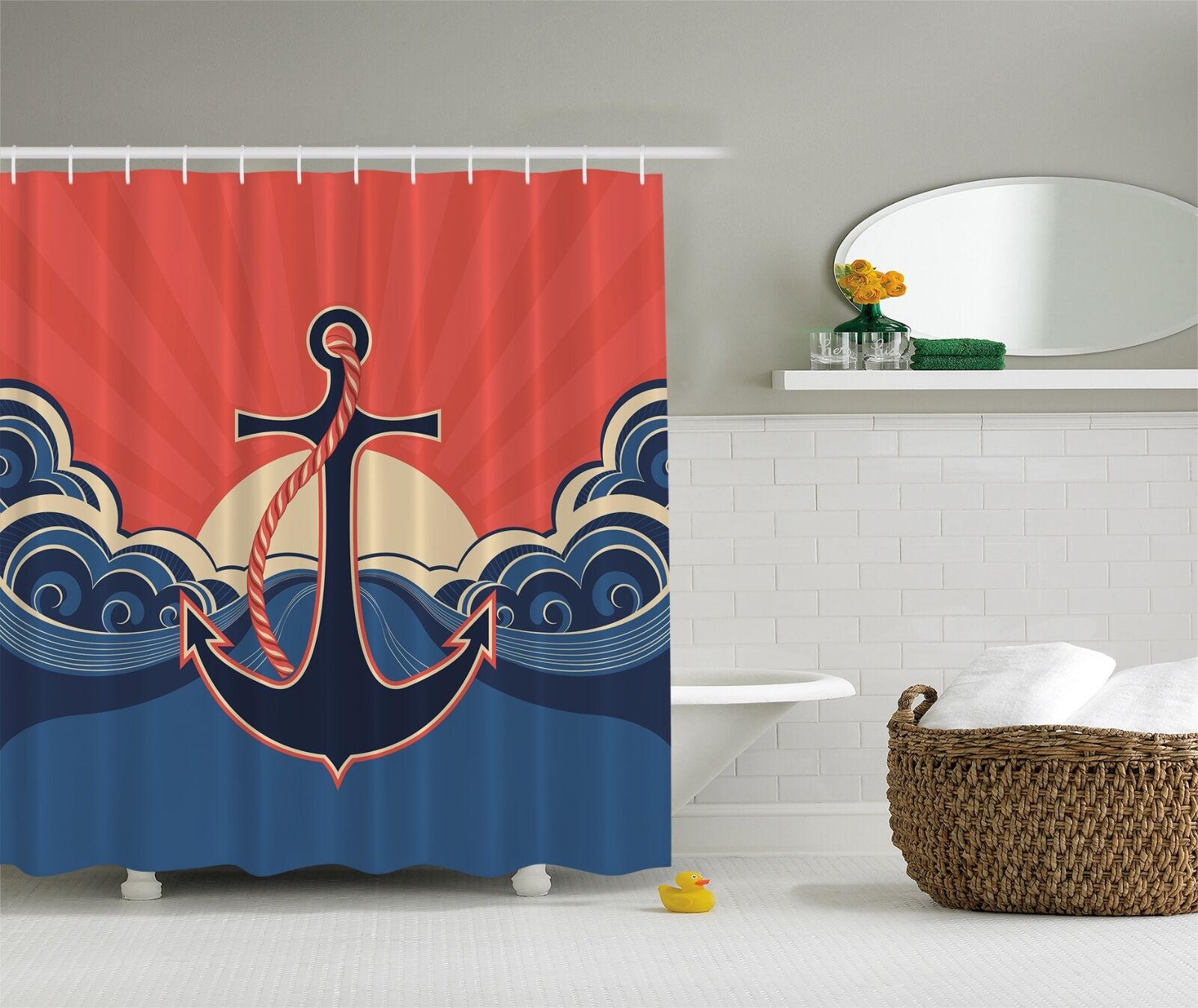 Digital Art Blue Red Ocean Nautical Anchor Beach Fabric Shower Curtain for Bathroom