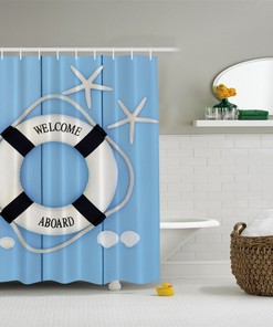 Digital Art Blue Seashell Nautical Ocean Beach Fabric Shower Curtain for Bathroom