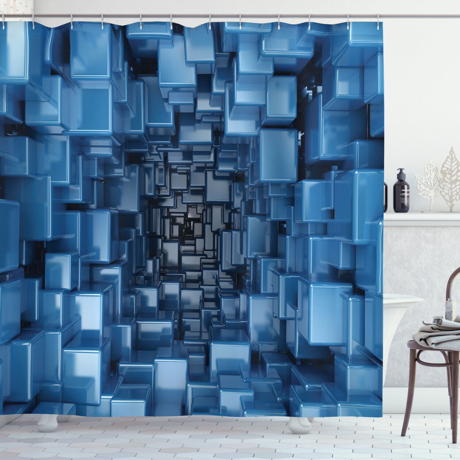 Digital Geometric Print Abstract Shower Curtain for Techy Bathroom Decor