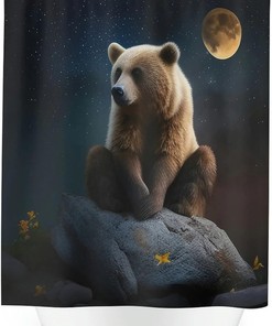 Digital Print Shower Curtain with Bear in Moonlight for Bathroom
