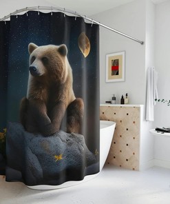 Digital Print Shower Curtain with Bear in Moonlight for Bathroom