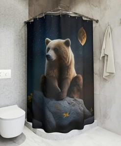 Digital Print Shower Curtain with Bear in Moonlight for Bathroom