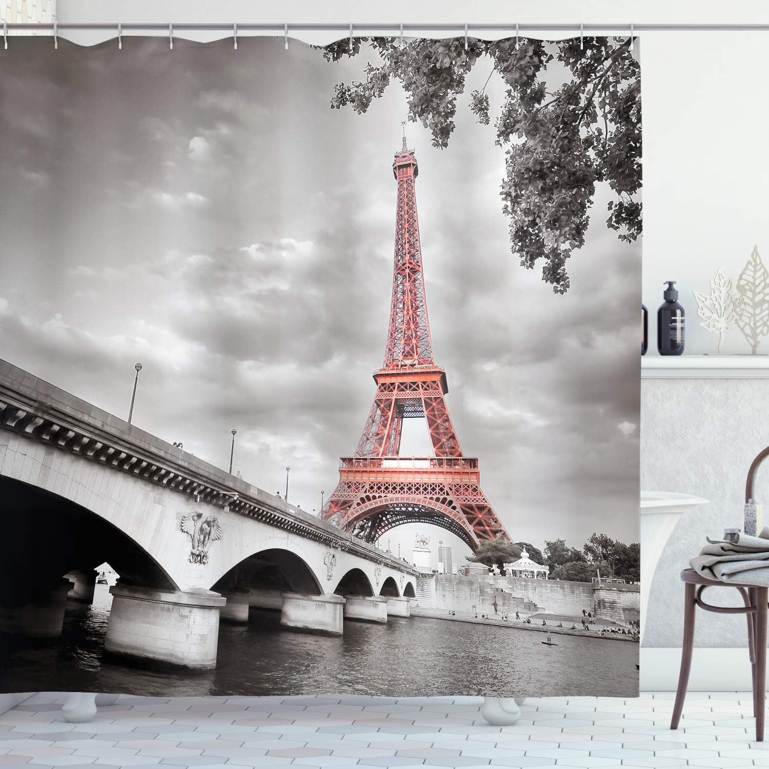 Dimgray Salmon Paris Shower Curtain, Eiffel Tower Bridge Capital City Monochrome Style, Bathroom Decor Bathroom Curtain