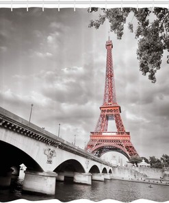 Dimgray Salmon Paris Shower Curtain, Eiffel Tower Bridge Capital City Monochrome Style, Bathroom Decor Bathroom Curtain