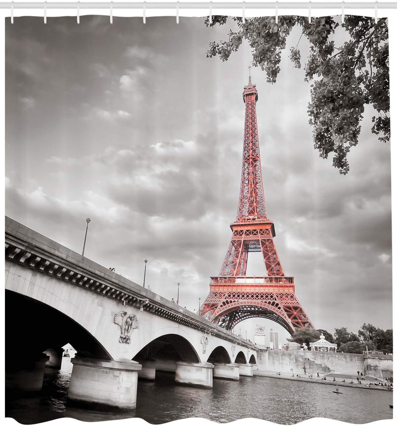 Dimgray Salmon Paris Shower Curtain, Eiffel Tower Bridge Capital City Monochrome Style, Bathroom Decor Bathroom Curtain