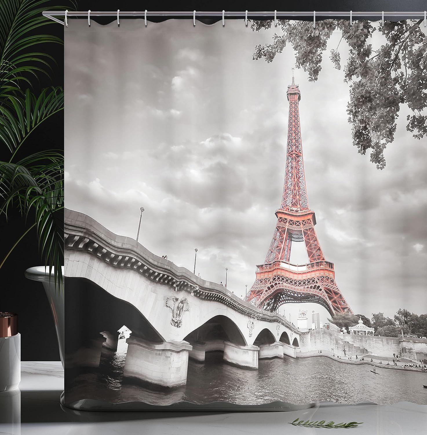 Dimgray Salmon Paris Shower Curtain, Eiffel Tower Bridge Capital City Monochrome Style, Bathroom Decor Bathroom Curtain