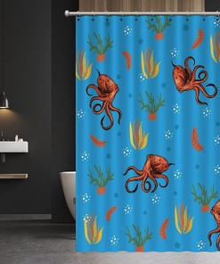 Discover the Ocean with Octopus Shower Curtain featuring Ocean Animal by ArogGeld - Ideal for Bathroom Decor