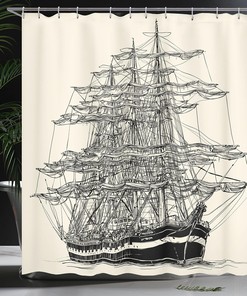Distinctive Nautical Vintage Style Pirate Ship Shower Curtain Bathroom Decor
