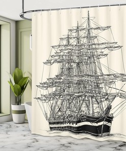 Distinctive Nautical Vintage Style Pirate Ship Shower Curtain Bathroom Decor