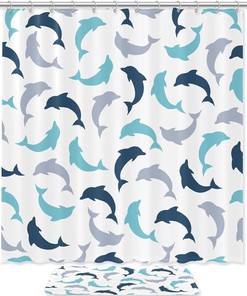 Dolphin Shower Curtain, Blue and Grey Design, Machine Washable with Floor Mat