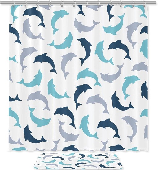 Dolphin Shower Curtain, Blue and Grey Design, Machine Washable with