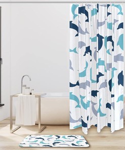Dolphin Shower Curtain, Blue and Grey Design, Machine Washable with Floor Mat